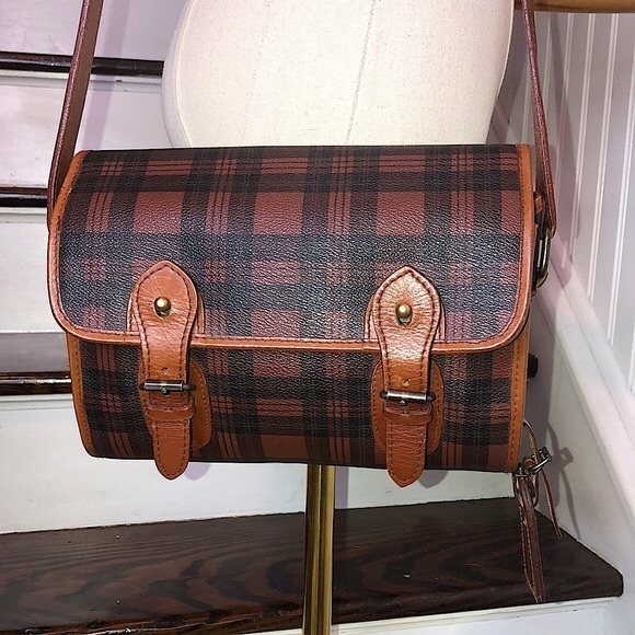 RALPH LAUREN Brown Red Tartan Plaid Crossbody Messenger Saddle
